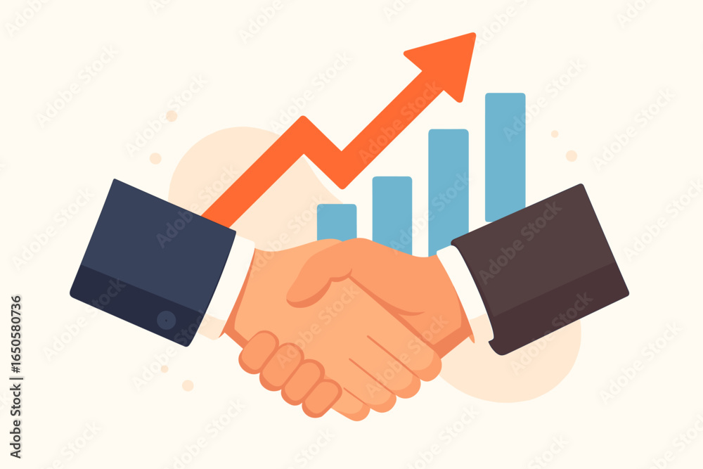 Business partnership and teamwork concept. Handshake agreement with a financial growth chart. An upward arrow shows success, profit, and a successful investment deal. Business partnership and teamwork concept. Handshake agreement with a financial growth chart. An upward arrow shows success, profit, and a successful investment deal.