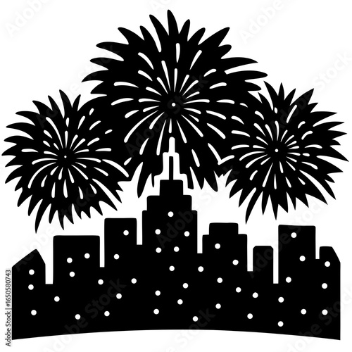 Fireworks exploding in night sky over a city silhouette vector illustration