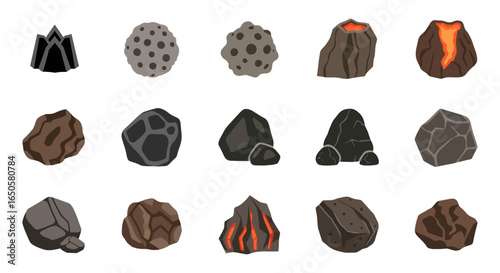 Diverse Cartoon Rocks, Stones, and Volcanoes Collection. Varied Shapes, Textures, and Colors, Including Lava Elements.