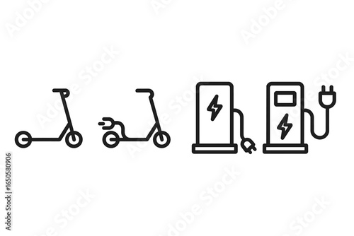 Electric scooter icon set with charging station. Urban eco mobility concept. E-scooter charge point symbol. Green energy transport illustration. Vector line art pictogram.