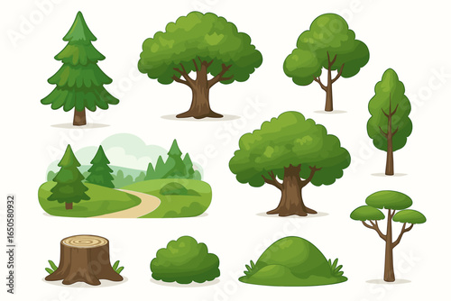 Big set of cartoon forest elements. Various green trees, fir, pine, oak, bushes, a stump and landscape scenery. Vector nature illustration objects for game or design.