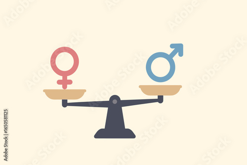 Gender equality concept with male and female symbols on a balanced scale. Metaphor for equal rights, justice, and opportunity. Social issue of sexism. Flat vector animation.