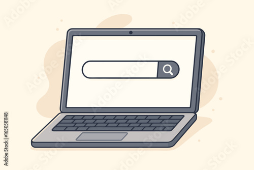 Online search concept with laptop and browser bar. Seeking information on internet, web surfing, data research, and website SEO analysis. Vector cartoon style illustration.