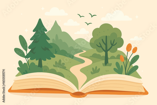 Open book with nature landscape emerging. Reading, imagination, storytelling concept. Getting lost in a good book. Fantasy world, adventure, magic, knowledge, education. Vector.