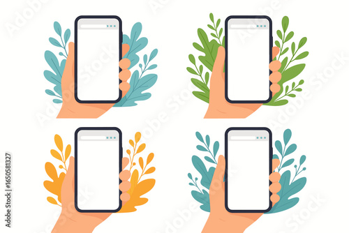 Hand holding mobile phone vector template collection. Set of 4 illustrations with smartphone and blank screen for mockup. Browser for website or app presentation with foliage.