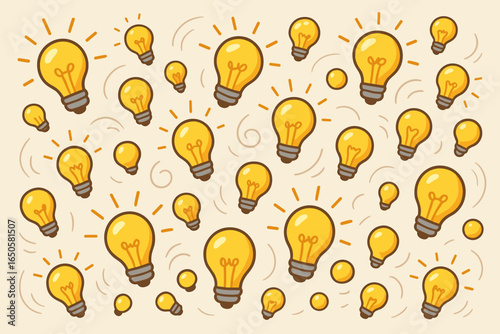 Many flying light bulbs cartoon illustration. Idea generation, brainstorming concept. Creativity, innovation, inspiration, solution, thinking, startup. Seamless pattern background.