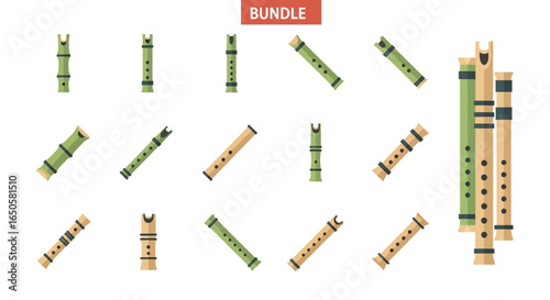 Flat design bamboo flutes and recorders collection in green and beige, featuring segmented bodies and finger holes.