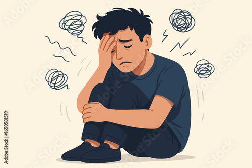 Young man suffering from depression, anxiety. Unhappy, sad boy with mental health problems, negative thoughts. Psychology concept of mood disorder, stress, burnout. Vector.