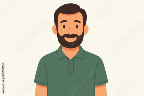 Man avatar character vector illustration. Middle-aged male person portrait. Upper body and face of a handsome, friendly man with a beard smiling. Casual cartoon design.