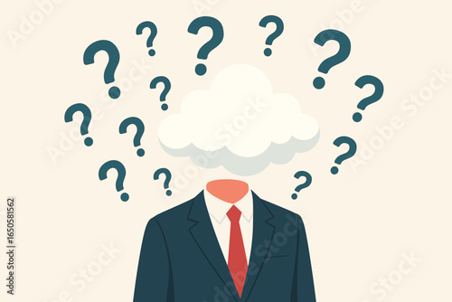 Businessman with his head in the clouds surrounded by question marks. Concept for confusion, distraction, daydreaming, uncertainty, stress, anxiety, mental block, brain fog.