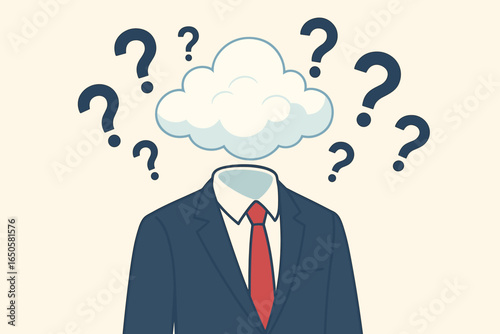 Businessman with head in the clouds. Metaphor for distraction, daydreaming, confusion, or absent-mindedness. Empty head with question marks. Unfocused, impractical business concept.