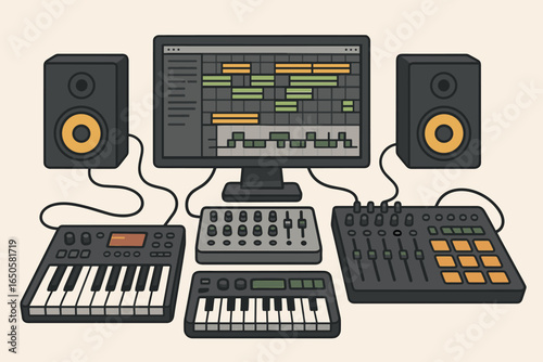 Home studio music production vector illustration. Small electronic music production setup with synthesizer, drum machine, mixer, speakers, and MIDI for a modern music creator.