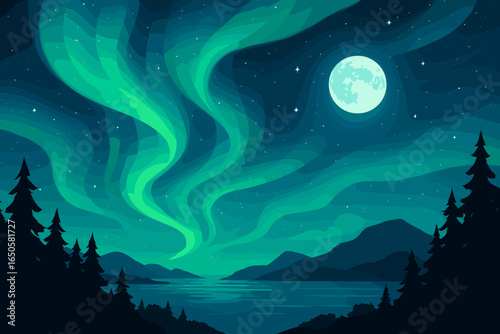 Northern lights landscape vector illustration. Beautiful night sky with full moon and stars over a forest, ocean, and mountains. Magical aurora borealis background concept.