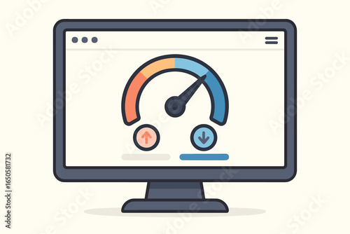 Internet speed test on a computer screen. Web service for checking network connection, bandwidth, and performance with a gauge meter. Vector for download and upload concept.