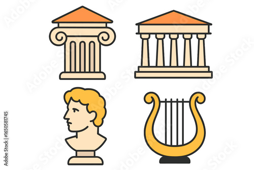 Classical antiquity icon set. Ancient Greek & Roman culture symbols. Vector illustrations of temple, column, philosopher bust, lyre. History, architecture, art, museum icons.
