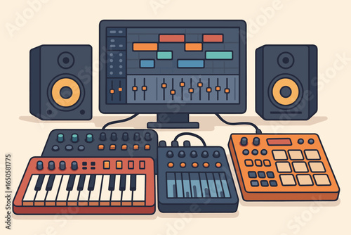 Home studio music production vector illustration. Electronic music creator setup with synthesizer, drum machine, sampler, speakers and MIDI keyboard. Beat making workstation.