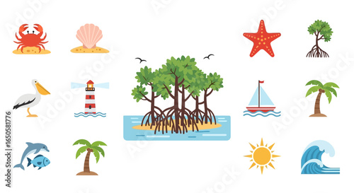 Group of Mangrove Trees with Exposed Roots on Sandy Island