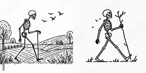 A Skeleton countryside walking. Retro Vintage Line Art Clipart Silhouette Vector Illustration. .