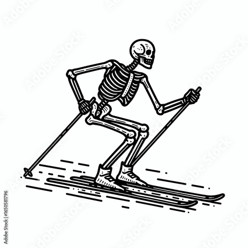 A Skeleton crosscountry skiing. Retro Vintage Line Art Clipart Silhouette Vector Illustration. .