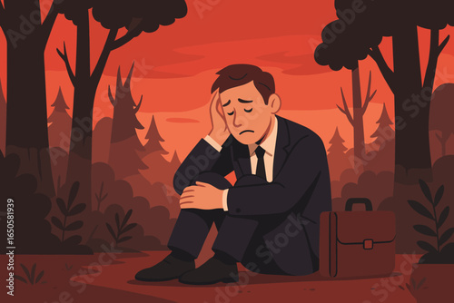 Unemployed man lost job. Sad businessman in crisis. Concept for layoff, failure, depression, stress, anxiety, bankruptcy, economic problems. Unhappy person alone in forest.