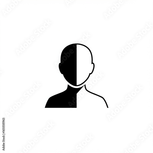 Dichotomy Icon: A minimalist monochrome representation of a person's face, the face is split into two contrasting halves symbolizing duality and conflict.