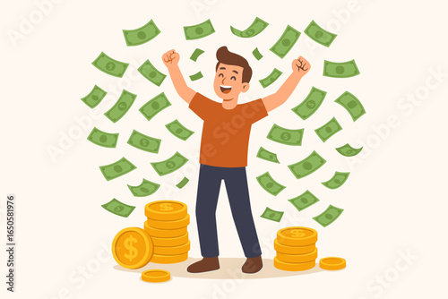 Happy man celebrating financial success under a rain of money. Vector illustration of a wealthy person getting rich. Concept of profit, income, lottery win, and savings.