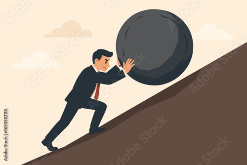 Businessman pushing huge stone up hill. Sisyphus metaphor. Business problem, crisis, challenge, obstacle concept. Hard work, effort, perseverance, determination. Burden.