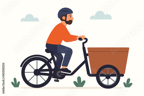 Sustainable urban mobility concept with man on cargo e-bike. Courier character riding electric bicycle for delivery service. Flat design vector cartoon illustration.