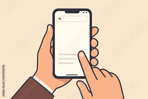 Hand holding smartphone with a blank browser user interface showing a search bar. Finger touching the screen. Mobile phone mockup template for web search, app, or website design.