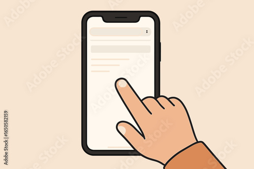 Hand holding phone mockup. Finger touching screen, scrolling, tapping. Blank browser, user interface template. Mobile app, website ui ux design. Online searching, internet.