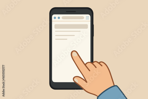 Hand holding phone mockup with blank browser user interface. Finger touching or scrolling touchscreen. Mobile device template for website or app. Flat cartoon vector design.