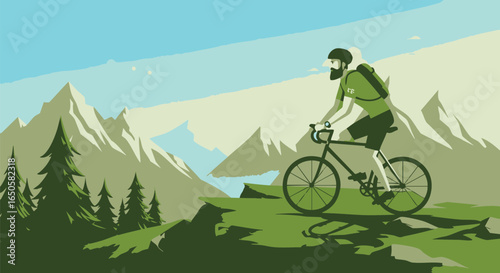 Vector illustration of a bearded cyclist riding a bicycle uphill through a scenic mountain landscape, depicting an active outdoor adventure