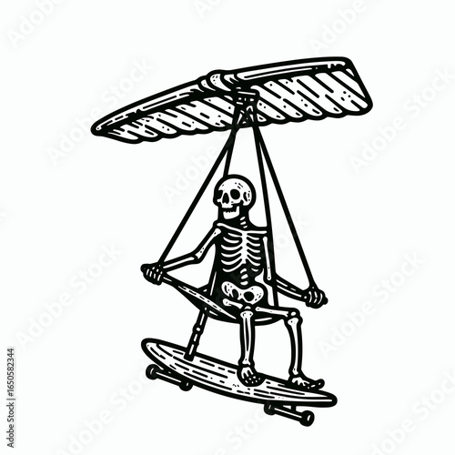 A Skeleton hang gliding. Retro Vintage Line Art Clipart Silhouette Vector Illustration. .