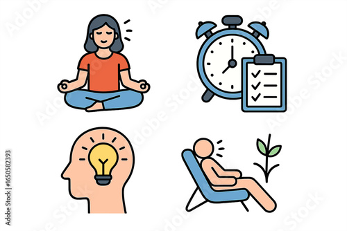Mindfulness and time management icon set. Personal development, relaxation, and mental health concepts. Meditation, productivity, idea, and self-care symbols vector.