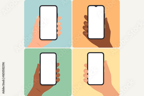 Mobile phone in hand vector mockup collection. Set of 4 templates with diverse, multiethnic human hands holding smartphones with a blank screen for your design or app.