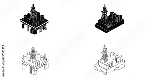 Isometric Oil Rig Platform Illustrations in Black and White for Technical Drawings