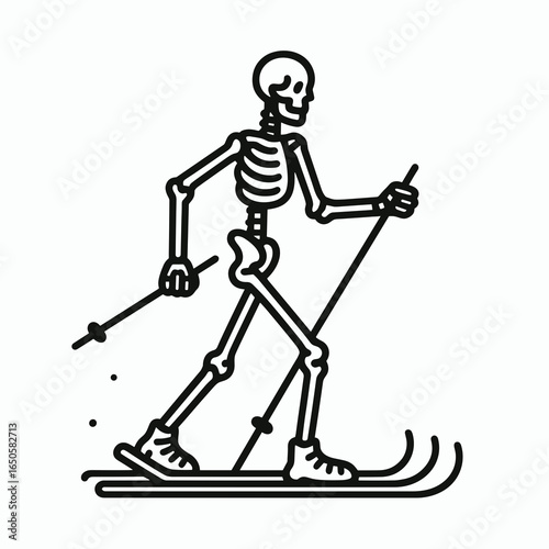 A Skeleton nordic walking. Retro Vintage Line Art Clipart Silhouette Vector Illustration. .