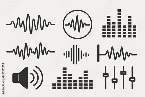 Sound wave vector graphics collection. Audio graph spectrums and symbols for music. Recording studio frequency and equaliser icons. Voice signal and soundwave pulse design set.