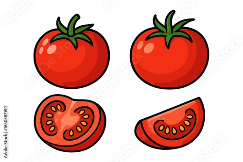 Set of fresh red ripe tomatoes. Whole, half and sliced tomato vector illustration. Cartoon food icon for cooking design. Healthy organic vegetable ingredient clipart.