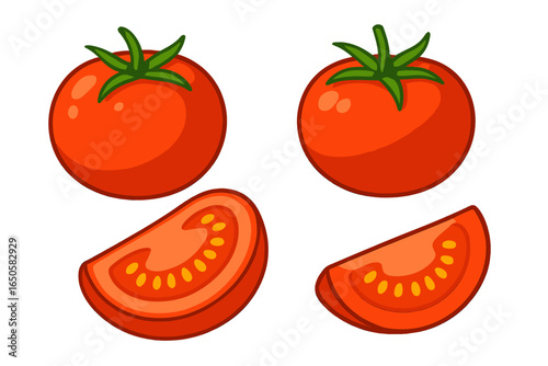 Fresh red tomato vegetable vector cartoon set. Whole and sliced ripe tomatoes for healthy organic food, diet, or cooking concepts. Isolated simple food illustration.
