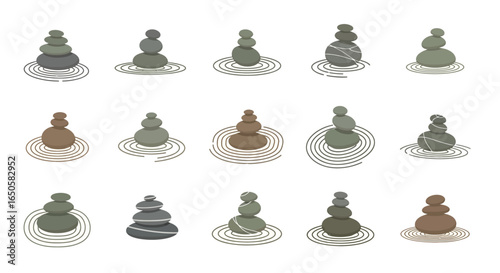 Stacked Stone Cairns on Water, Zen Garden, Balance, Harmony, Calmness.