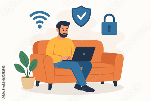 Online security concept. Man at home on sofa with laptop using secure wifi. Internet data protection, privacy, vpn and antivirus concepts with safety shield and lock symbols.