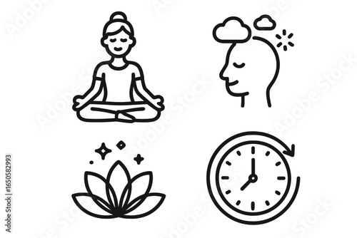 Mindfulness meditation icon set. Mental health, relaxation, yoga, time management symbols. Work-life balance, stress relief, self care concept vector line art illustration.