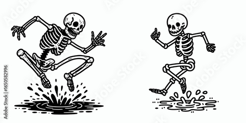 A Skeleton puddle hopping. Retro Vintage Line Art Clipart Silhouette Vector Illustration. .