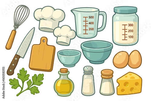 Set of cooking icons. Kitchen utensils and food ingredients for recipe. Vector cartoon illustration of chef hat, whisk, knife, cutting board, bowl, egg, cheese, and oil.