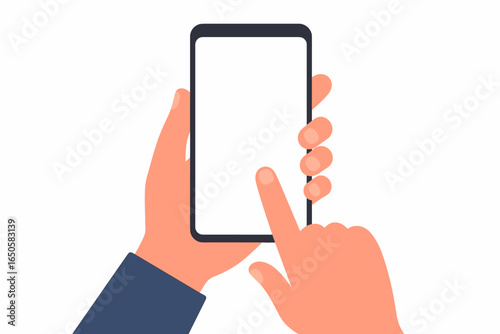 Hand holding phone and touching screen. Smartphone with blank display for mockup. Mobile device for app presentation. Vector illustration for UI UX design concept.