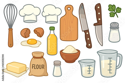 Cooking and baking ingredients vector set. Cartoon kitchen tools for food recipe. Culinary collection with whisk, chef hat, flour, egg, butter, oil, knife and measuring cup.
