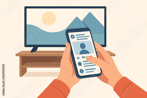 Hands holding smartphone, browsing social media, ignoring the TV. Second screen concept. Digital distraction, phone addiction, and multitasking with media. Vector illustration.
