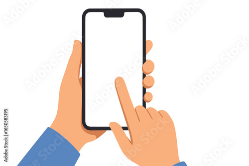 Hand holding smartphone with blank screen. Finger touching, tapping or swiping the display. Mobile phone mockup vector template for app, business or website presentation.