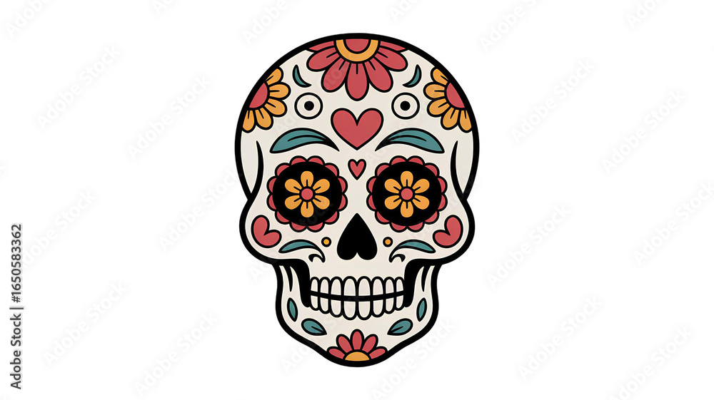 Fototapeta premium Colourful Sugar Skull Vector Illustration with Floral Patterns – Day of the Dead Design
